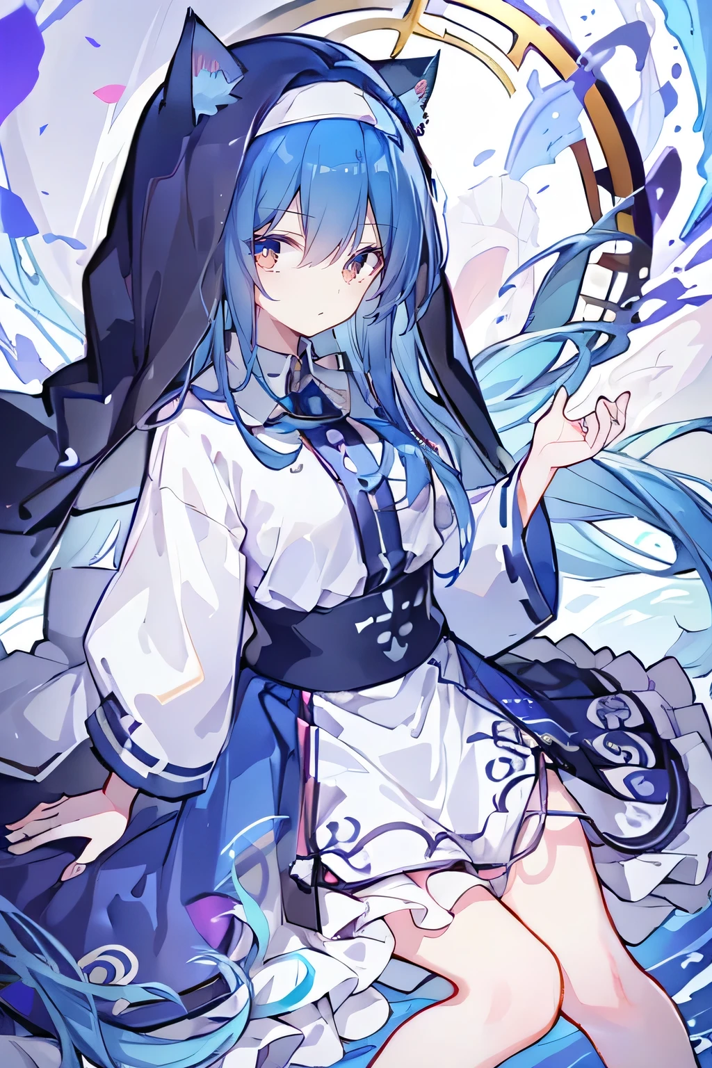 (masterpiece:1.2),Extremely detailed,Practical,expressive eyes,Fair skin,Perfect face shaping,1 Girl,
Japanese cartoons,Gorgeous blue hair, the long flowing blue hair,Floating clothes,Cat ears,Petals fall,beautiful lola,Young Angel,
Place your hands on your waist,sit elegantly on the ground,Cross your legs,Gentle and peaceful background,stately church,nun.