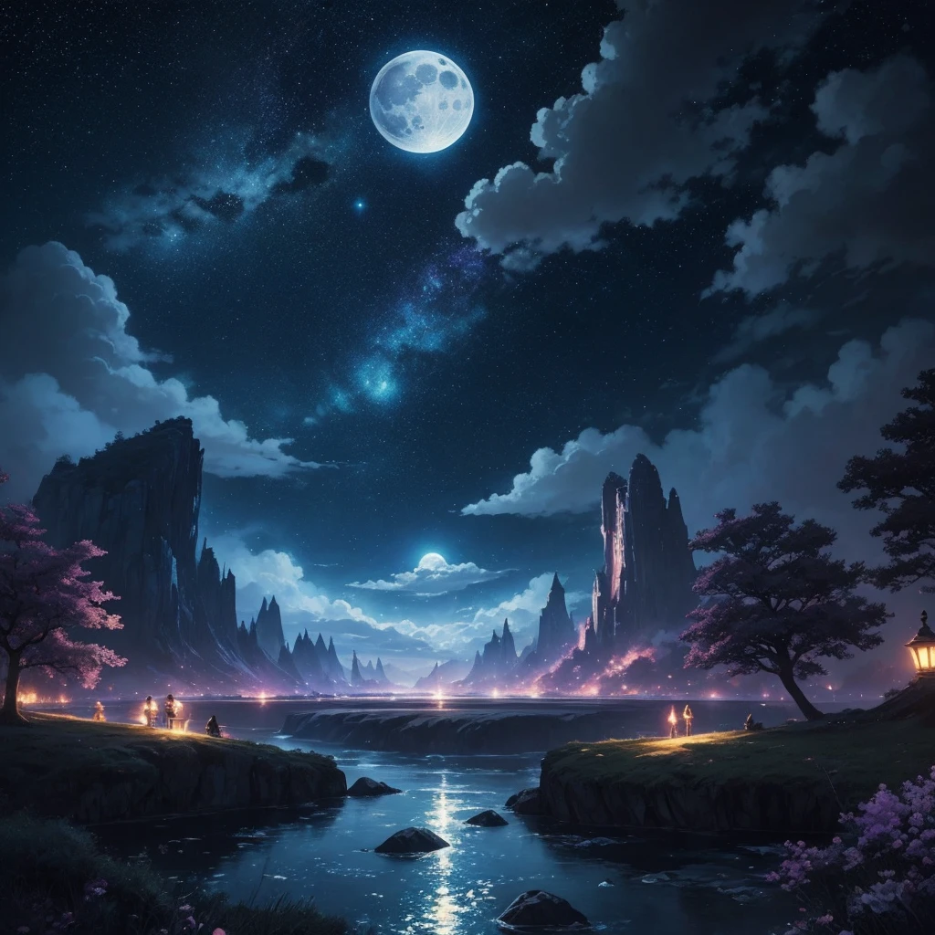 Highly concentrated beauty wrapped in paintings of rivers, stars and the moon in the sky, Concept art inspired by Mitsuoki Tosa, petal, 風に舞うpetal, 白いpetalが舞っている, pixiv Contest Winner, Highest quality, Fantasy art, Beautiful anime scene, Bright moon round, Starry Sky environment under moonlight, Dream Painting, Anime Background Art, Dreamscape Painting, Great night, Anime Background, Background artwork, Great art, Atmospheric anime, Starry Sky, Detail enhancements. --automatic