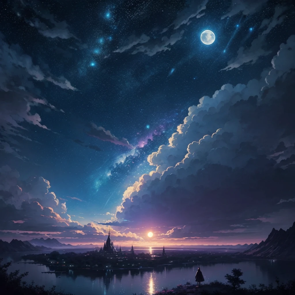Highly concentrated beauty wrapped in paintings of rivers, stars and the moon in the sky, Concept art inspired by Mitsuoki Tosa, petal, 風に舞うpetal, 白いpetalが舞っている, pixiv Contest Winner, Highest quality, Fantasy art, Beautiful anime scene, Bright moon round, Starry Sky environment under moonlight, Dream Painting, Anime Background Art, Dreamscape Painting, Great night, Anime Background, Background artwork, Great art, Atmospheric anime, Starry Sky, Detail enhancements. --automatic