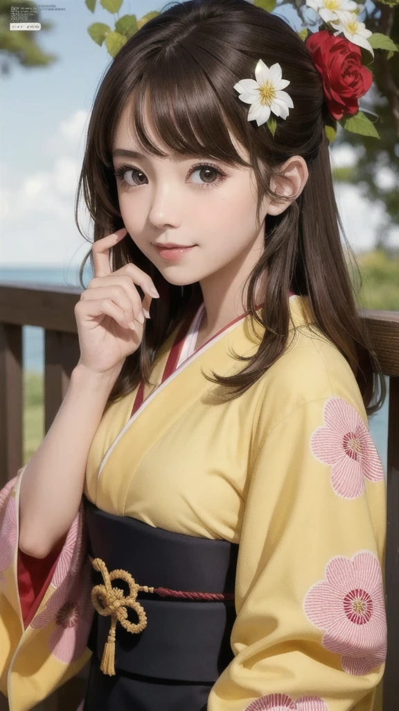 One Girl, sight, smile, Shortcuts, Brown Hair, Illustration effect for posters and magazines, masterpiece, Long-sleeved kimono cute Big eyes