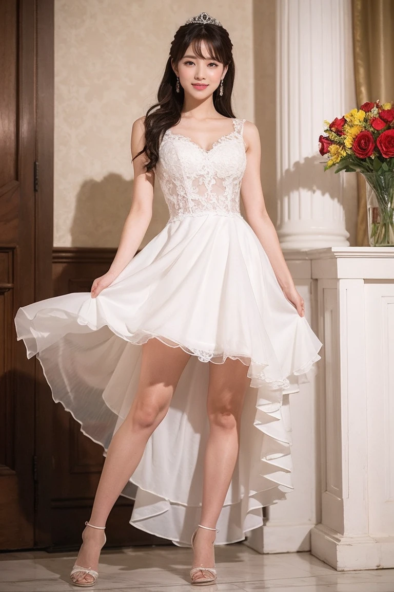 Medium Size Display, Medium Shot, Written boundary depth, Photograph the whole body:1.5, Are standing、Movie angle, masterpiece, Highest quality, Very detailed, CG, 8k wallpaper, Beautiful Face, Delicate eyes, Otome, alone, smile, Orange Dress, bouquet、High heels、Action pose、Taekwondo stance