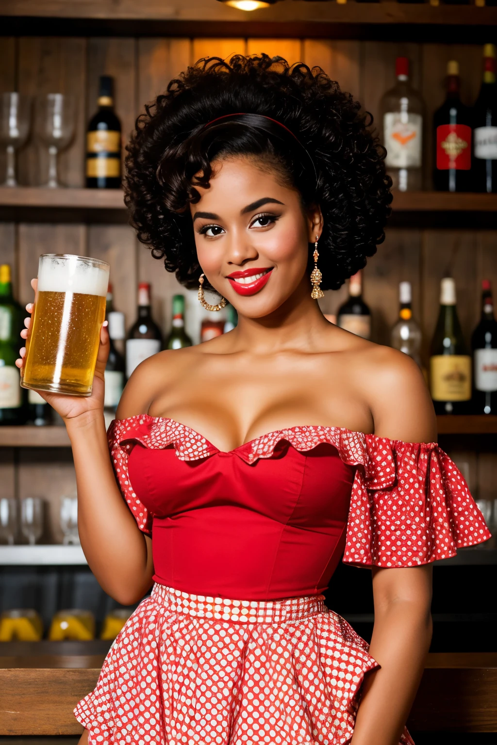 Create a portrait of a bar-waitress with pretty-big breasts in the pinup style. She has a playful and confident expression, exuding glamour. She is dressed in a red off-shoulder top with ruffled sleeves and decolletage, a black corset, and a short, polka-dotted skirt. She has an Afro hairstyle and dark skin. Her pose is playful, with one leg slightly raised and holding a tray of beer mugs. 