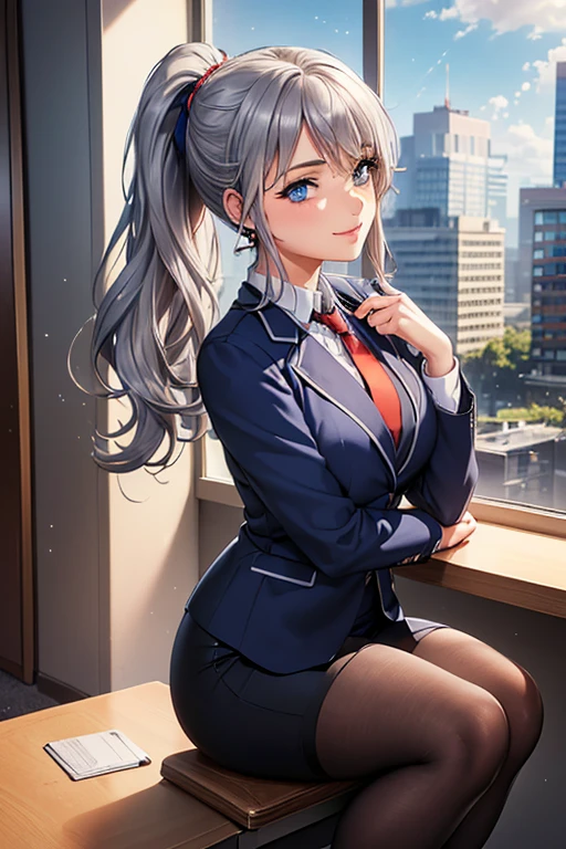 #Basics A girl is posing for a photo, animeのcute女の子, ((One Girl)), (((Baby Face:1.4)) + ((cute:1.5)) + ((15 years old))),
break
#Clothing Accessories
((Blue Business Suit : White dress shirt + Red tie + Blue suit vest + Blue suit jacket + Black pencil skirt + Low denier black pantyhose), Black high heels),
((Gold hoop earrings) + (Silver Necklace)),
break
#Features
(((Silver Hair)), ((Curly side hair)), ((ponytail) : Long Hair + Fuller Hair + Voluminous Hair + Curly Hair)),
((Droopy eyes:1.4, Big eyes:1.2), blue eyes),
break
#background environment
((noon + Sunshine + Modern beautiful office + Office building seen from the window)),
#Facial Expression Pose
((smile:1.4)), ((Sit at a desk + Hold your knees + Put your face on your knees)),
#composition
((Face the camera, (Focus from the side), Cowboy Shot)),
break
#Body parts elements
(Slim figure),
(Detailed Hair, Beautiful Hair, Shiny Hair),
(double eyelid, Long eyelashes),
(Expression of fine eyes, Beautiful and delicate eyes, Sparkling eyes, Eye Reflexes, Glitter Eyeliner),
(Human Ear),
(Beautiful Nose, Thin Nose),
(Glossy Lips, Beautiful Lips, Thick lips), (Symmetrical facial features),
(Detailed skin, Textured skin, Beautiful Skin, Oily skin),
break
#Quality Image Quality Common
(((Highest quality)), ((masterpiece)), ((Very detailed))), ((Ultra-high resolution)), ((16K, 1080P)), ((Full HD)),
(Anatomically correct), (Realistic), (3DCG), (oil), (Detailed cloth texture),
#High quality images and illustrations
((comics, anime)), CG illustration,