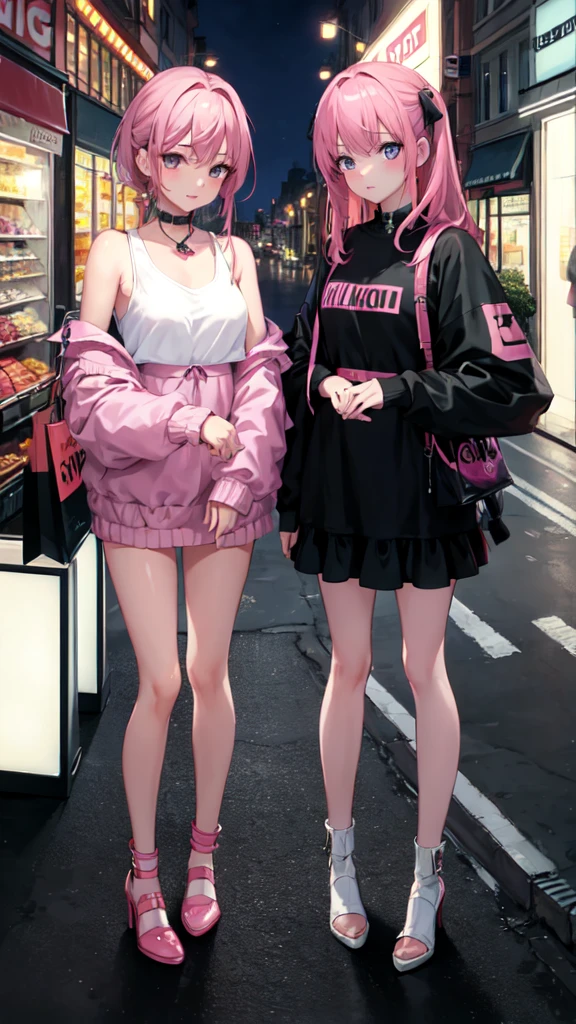 masterpiece, Highest quality,
whole body,Small breasts,
Two Girls,Pink and black autologous fashion, View your viewers,
night, street, shop, shop, neon,