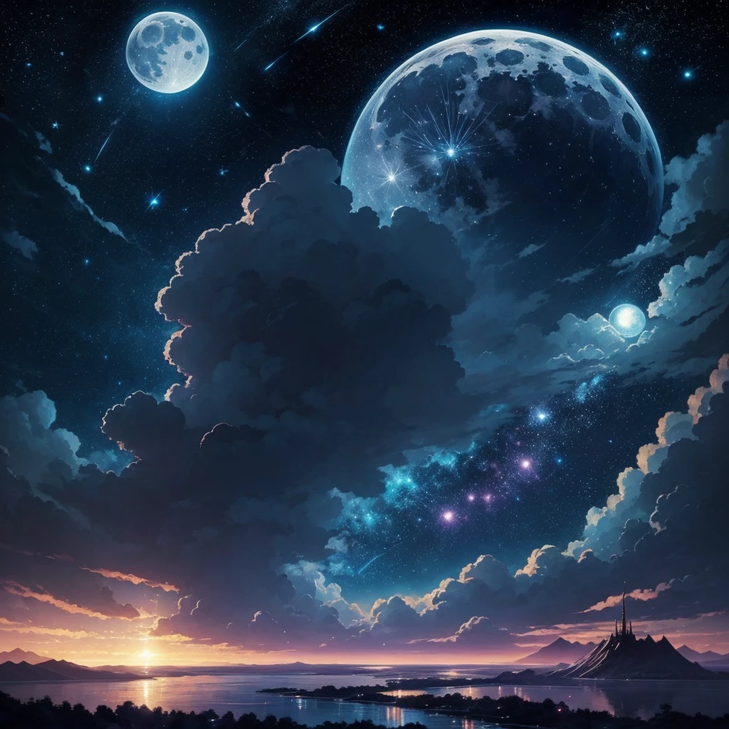 Highly concentrated beauty wrapped in paintings of rivers, stars and the moon in the sky, Concept art inspired by Mitsuoki Tosa, 舞い上がる白いpetal, petal, 風に舞うpetal, 白いpetalが舞っている, pixiv Contest Winner, Highest quality, Fantasy art, Beautiful anime scene, Bright moon round, Starry Sky environment under moonlight, Dream Painting, Anime Background Art, Dreamscape Painting, Great night, Anime Background, Background artwork, Great art, Atmospheric anime, Starry Sky, Detail enhancements. --automatic