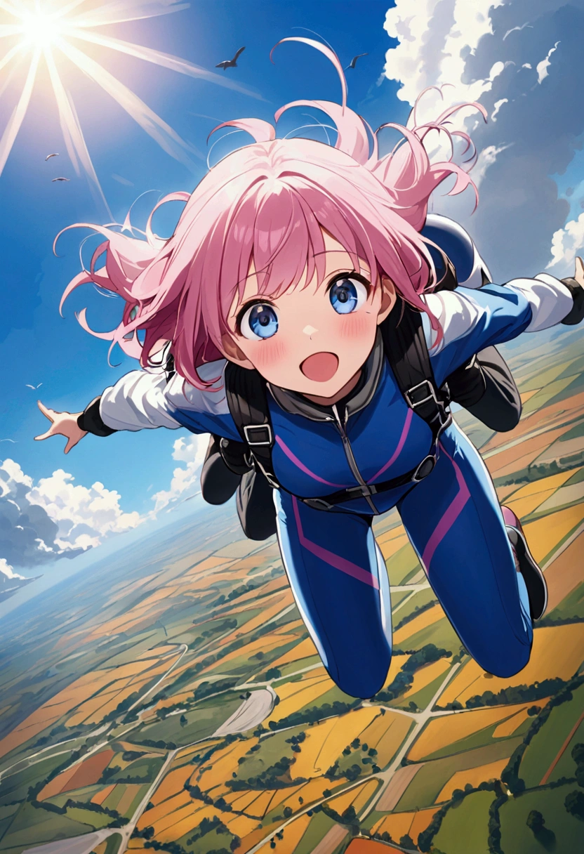 sky diving、fall、Girl with pink hair、blue eyes、Twin Drill、A scene from a movie