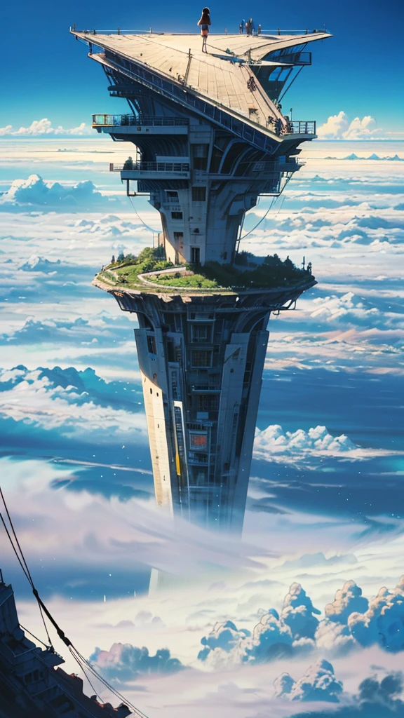 octane rendering,bioluminescence,8K resolution concept art,realism,by Mappa studios,masterpiece,top quality,official art,illustration,ligne claire,(cool_color),perfect composition,absurd,fantasy Focus,(aerial),(above the clouds:1.4),(finely drawn modern city:1.3),(modern city towering above the clouds:1.2),epic,(focus_girl:1. 2),(girl in city peak of Broken bridge),girl sitting alone at foot of bridge looking into distance (girl in city peak of Broken bridge),detailed uniform,calm expression,bird's eye view,wind blowing,fantastic plants,book,giant world tree,movement,(depth of field),stretched shot,view from above