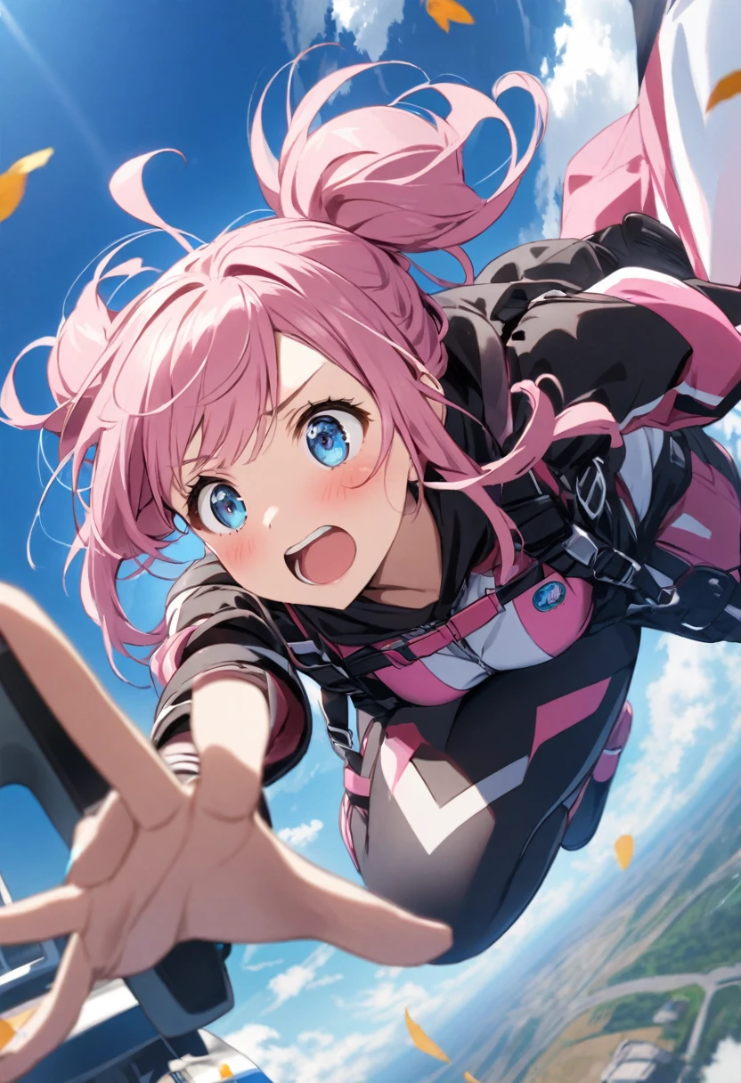 sky diving、fall、Girl with pink hair、blue eyes、Twin Drill、A scene from a movie