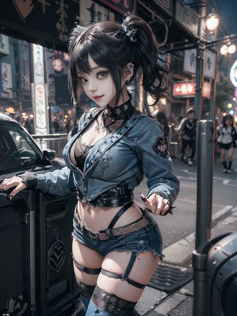 (Full Body View:1.3)、(Side view:1.1)、(Smiling with teeth showing:1.3),(Shibuya Gal:1.5)、(Hostess:1.4)、(gothic fashion:1.5)、(Punk RockVisual Kei:1.3)、(Futuristic baby doll in black, white and denim:1.5)、(A delicate jacket in denim, beige and navy:1.5)、(Denim garter belt:1.5)、(Denim and black and white bodysuit:1.4)、(Heart-shaped silver accessories:1.5)、(Brown Skin Belt:1.4)、(Blue High Heels:1.4)、(Lace patterned underwear:1.4)、20-year-old、NSFW,((Highest quality、In 8K、masterpiece:1.3))、Sharp focus:1.2、(Layered Cut、Beautiful boobs:1.1),Beautiful woman with perfect figure:1.4、(Doing an aerobics pose:1.3)、Slender Abs:1.2、Butt、Highly detailed face and skin texture、Detailed eyes、double eyelid,(Twin tails:1.3)、(Black brown hair:1.3)、Obscene、Gravure idol、(Luxurious amusement park at night:1.3)、(Make your legs thinner:1.4)、(Thin thighs:1.4)、(Slim Body:1.3)、(clavicle:1.1)