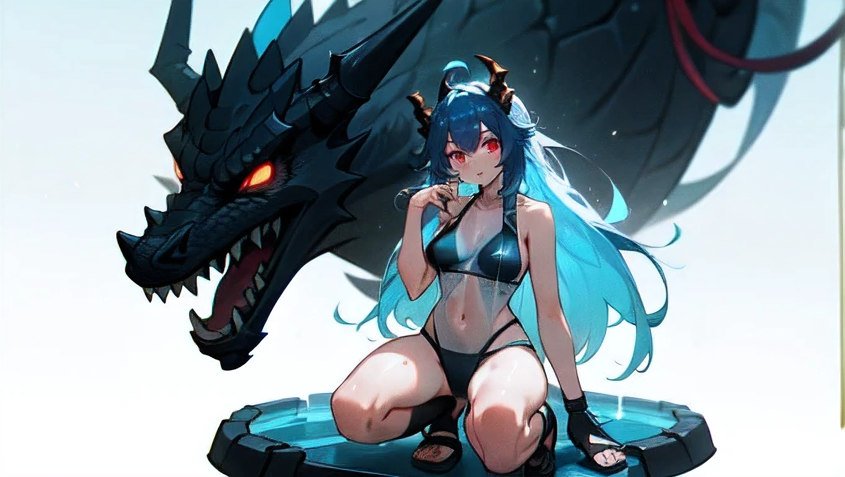 ((Highest quality)), ((masterpiece)), ((detailed)),((Browsing Caution)) (Black dragon&#39;s veiny penis)A dragon who loves to have sex with girls　Couple loves beach squats　sex A girl having sex with a dragon

(Transparent　Swimwear) 　(See-through black knee-high socks)
Blue Hair,Red Eye,Long Hair　Black sandals
 (Hot and glowing skin) The heat and the damp sweat