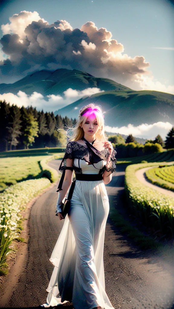 (Practical:1.3), Meticulous attention to detail, quality,, (masterpiece:1.2), (photoPractical:1.2), (best quality), (Delicate skin:1.3), (Intricate details), dramatic, Ray Tracing, 1 Girl, American white girl, Blonde Hair, 21 years old, Medium breasts, (grassland, sun, cloud, site, agriculture, Starlight, Walking trails)