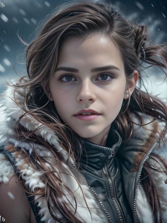 (Emma watson, detailed, 8k, photorealistic, cinematic lighting, dramatic lighting, portrait), (apocalyptic,snowy winter landscape), (beautiful young woman, 23 years old, gorgeous european features,cleavage,long wavy brown hair,intense gaze,elegant pose), (giant futuristic spacecraft,high-tech shuttle,cold icy environment), 16K, ultra high res.photorealistic, UHD, RAW, DSLR