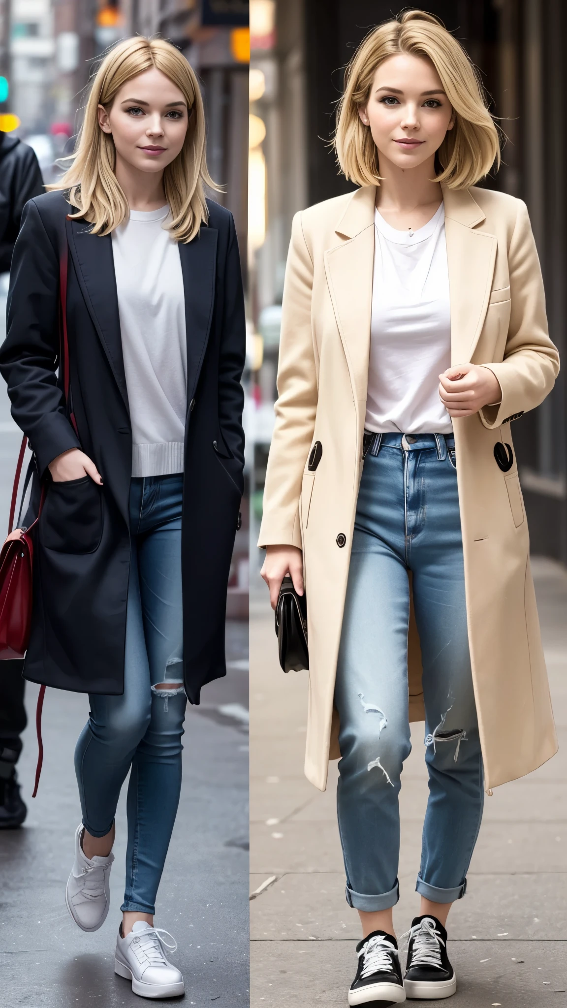 Alison MacInnis, Full body photo、smile、Short Haircut、(((blondie hair))), (work of art, high qualiy) Woman in coat、Skinny jeans、sneakers