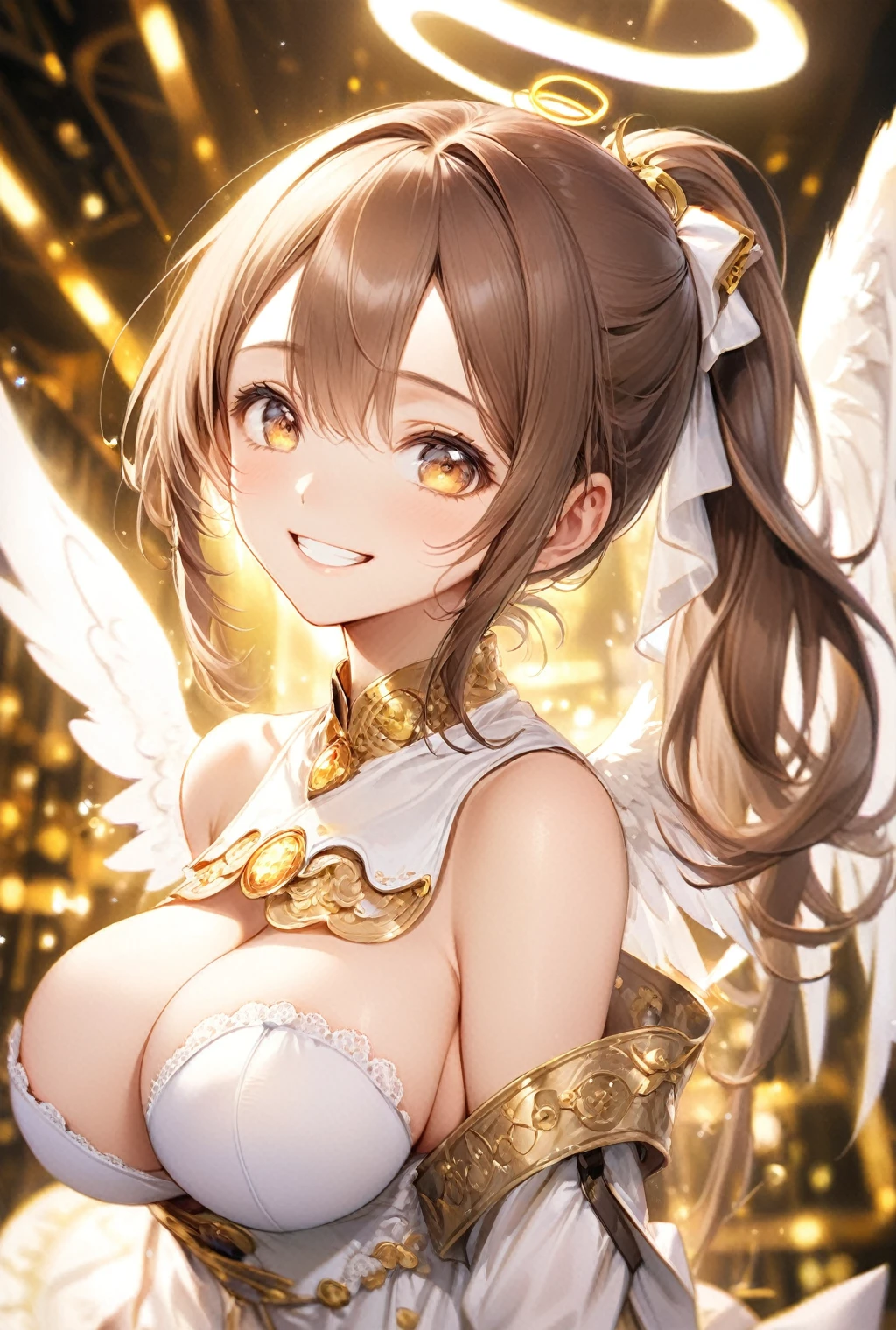 (Highest quality, 8k, 32K, masterpiece, Ultra-high resolution,:1.2),born, One girl,Super cute , Natural light,Clear, shining eyes, 20-year-old ,Fair skin, An innocent smile, Electronic world fantasy background, ,Brown Hair Girl, Slanted Eyes, , An innocent smile, Grin, Angel, Angelの輪, Angelの羽根,ponytail, Big Breasts, Large Breasts