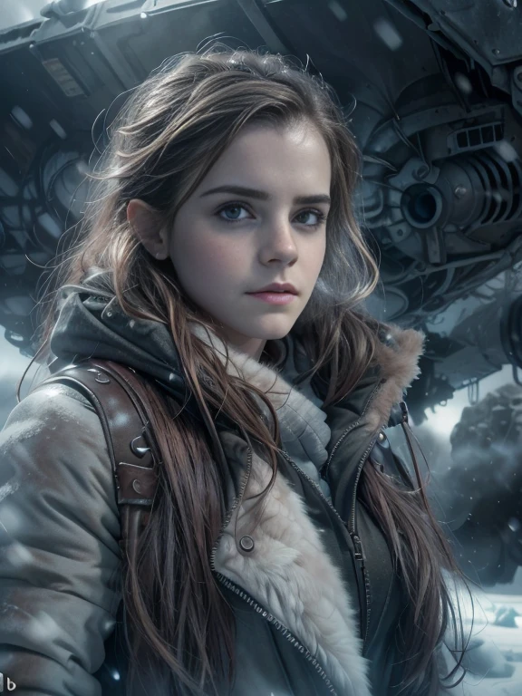 (Emma watson, detailed, 8k, photorealistic, cinematic lighting, dramatic lighting, portrait), (apocalyptic,snowy winter landscape), (beautiful young woman, 23 years old, gorgeous european features,cleavage,long wavy brown hair,intense gaze,elegant pose), (giant futuristic spacecraft,high-tech shuttle,cold icy environment), 16K, ultra high res.photorealistic, UHD, RAW, DSLR
