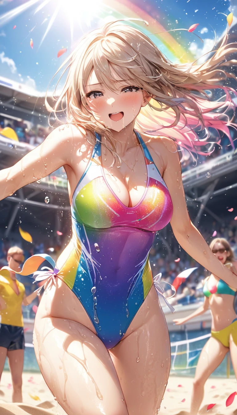 (Sports magazine cover photo), Highest quality, Great quality, 16K, Unbelievably absurd, Very detailed, delicate and dynamic, Natural light, Particles reflect light, Diffuse reflection of light, Many rainbow-colored petals fall, Beautiful sandy beach, Shining Sun, Diffuse reflection of light, Create amazing image effects, , Wet, sweating, Beach Volleyball, receive, close(Cute sexy girl, A large, swaying bust, Sensual expression, Cool girl, Severe, passion, dynamic, Flashy swimsuit, ,audience , much-air-laden cheer)