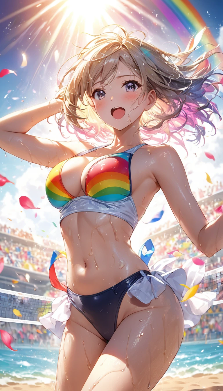 (Sports magazine cover photo), Highest quality, Great quality, 16K, Unbelievably absurd, Very detailed, delicate and dynamic, Natural light, Particles reflect light, Diffuse reflection of light, Many rainbow-colored petals fall, Beautiful sandy beach, Shining Sun, Diffuse reflection of light, Create amazing image effects, , Wet, sweating, Beach Volleyball, receive, close(Cute sexy girl, A large, swaying bust, Sensual expression, Cool girl, Severe, passion, dynamic, Flashy swimsuit, ,audience , much-air-laden cheer)