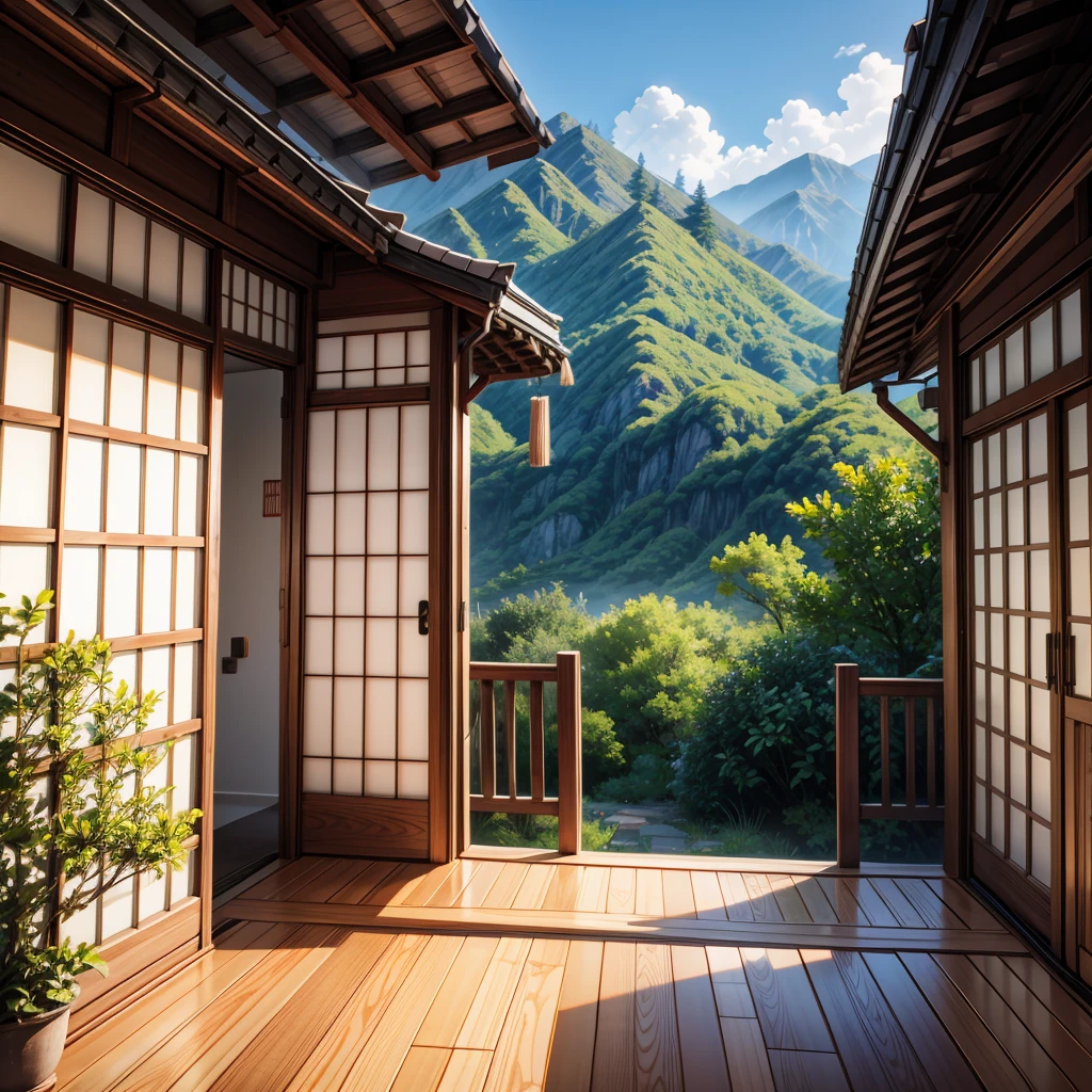 Best Quality, high res, Illustration, anime background image only, hot summer day, inside a traditional Japanese room, green mountain view from verandah, wind chime under the eaves,