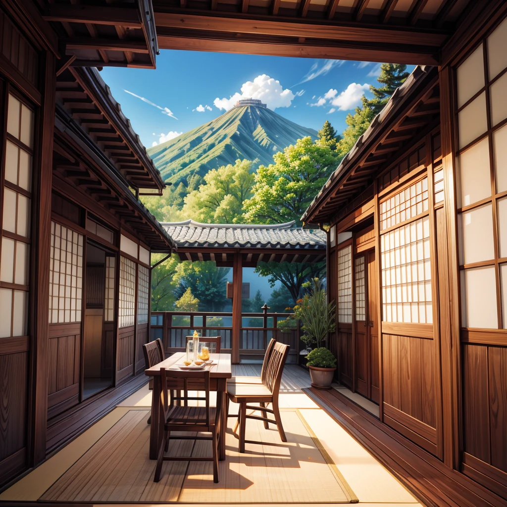 Best Quality, high res, Illustration, anime background image only, hot summer day, inside a traditional Japanese room, green mountain view from verandah, wind chime under the eaves,