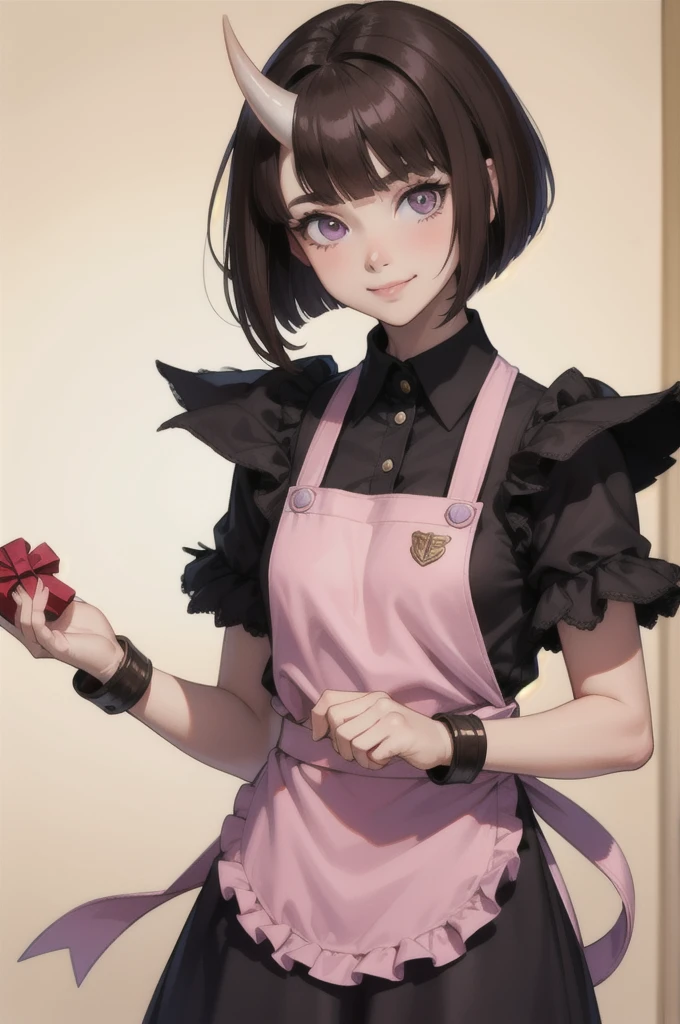 masterpiece, Highest quality, One girl, eric, Purple eyes, Brown Hair, Blunt bangs, Bobcut, horn, pink, frilleis apron, bare shoulisers, Elbow hand pockets, Gauntlet, reis skirt, Fur trim, View your viewers, :is, IncrsVGift Both, incoming gift, outisoors, evil smile,shaded  face(eyes in shadow)