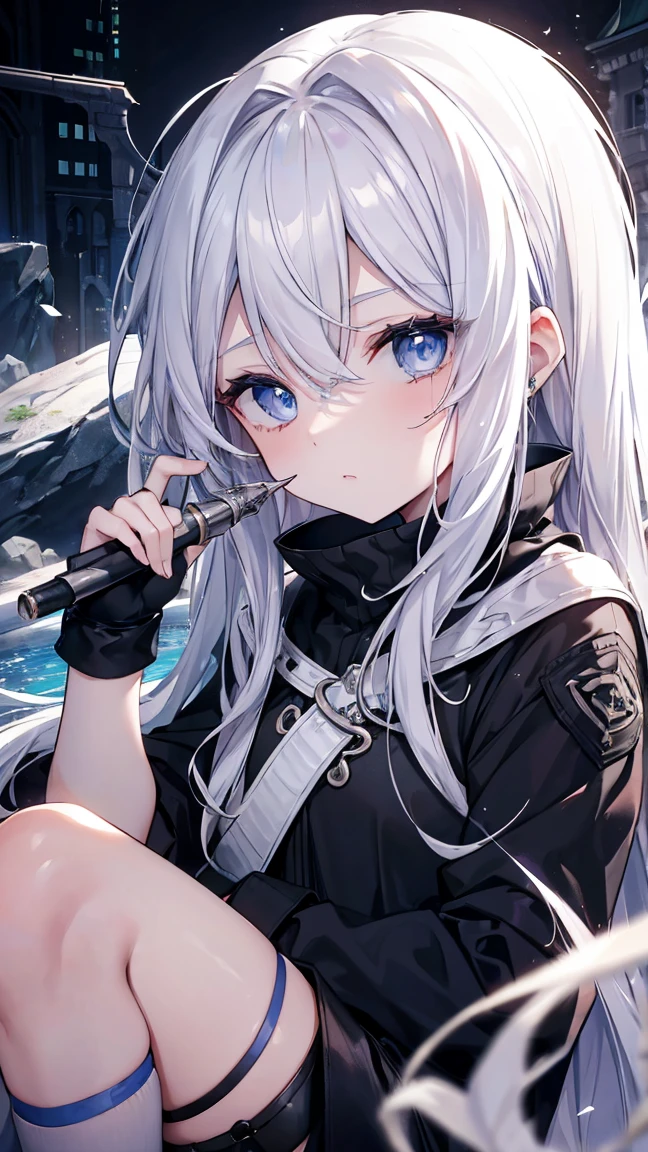 ,girl,Highest quality,,Silver Hair,,blue eyes,,White skin,Sleepiness,Long Hair,,Half an eye,rock,Restraints,small胸,,Dragon Horn,,Tattoo,small,Dragon's Wing,Gothic Dress,