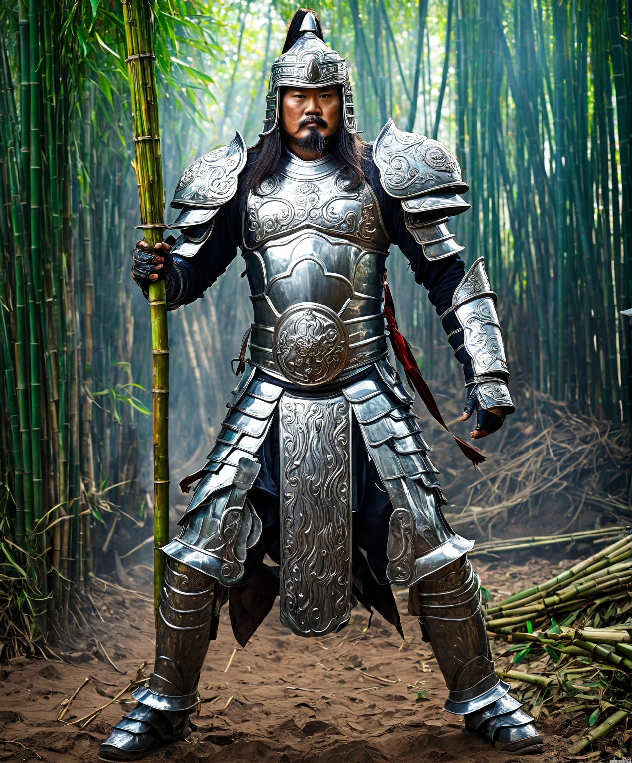 Immortal war god in Vietnamese mythology. Saint Giong is a giant, majestic and imposing, with rippling muscles, bright eyes, long hair, a goatee and wearing a shiny armor, a strong iron helmet. In one hand he holds a magical iron whip, in the other he holds a cluster of old bamboo trees like a cluster of violent weapons, riding an iron horse. Saint Giong becomes an invincible warrior, his horse's posture flies up to the sky.