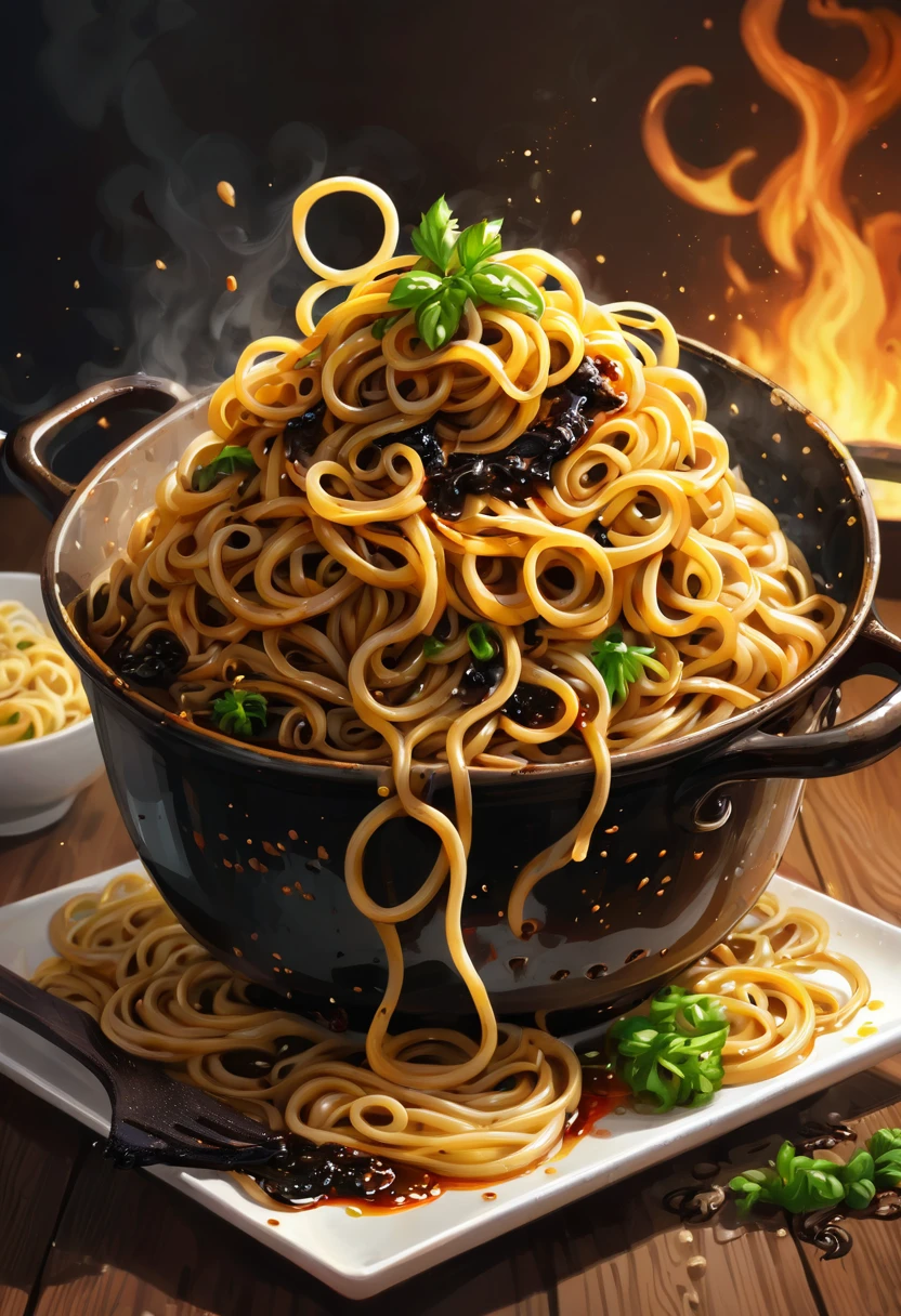 испорченный flat, flat, burnt noodles, spoiled noodles, digital painting, ugly, Bad, disgusting noodles, burnt food. Bad еда, spoiled food, brown poison