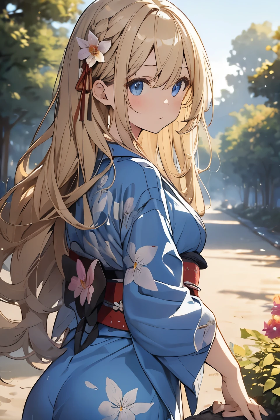 (masterpiece:1.3), (best quality:1.1), {8k, ultra detailed, ultra high res:1.2}, (anime style:1.3), {perfect 5 fingers, perfect anatomy:1.3}, (fractal art:1.5),
1girl,
BREAK long hair, wavy hair,
(blonde hair),
(blue eyes),
medium breasts, (flower yukata:1.2), {crystal butterfly, butterfly field:1.5},
cowboy shot, ((looking back)), shoot from behind, outdoor, outside, (forrest:1.5),