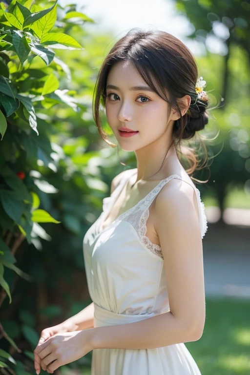 raw photo, 8k, (top-quality), Realistic, (real picture, Intricate details), (natural skin texture, detailed skin), (Japanese  girl standing in foggy forest), ((white dress, lace dress, sleeveless)), (((flat chest:1.5))), (pale skin), ((bun hair, bangs)), (seductive face, provocative look, Parted lips:1.3, blush), thighs, natural lighting, Full body shot