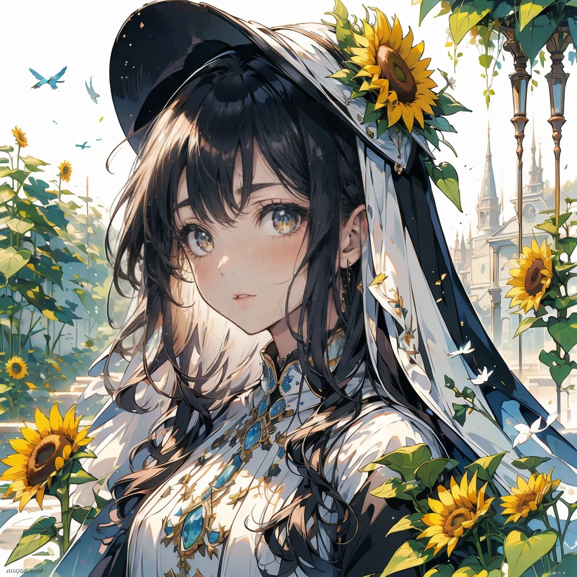 (Exquisite, beautiful, Very detailed, masterpiece, high quality,High resolution),(Well-formed face,Soft thin lines: 1.2,)nun, Underground Shelter、sunflower、detailed background, detailed writing, 4K, uhd, absurdes, ultra quality, masterpiece,