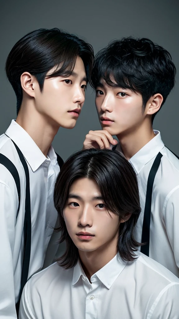 Two Korean boys side by side, boy on the left side with dark and medium hair, boy on the right side with long white hair, sem beard