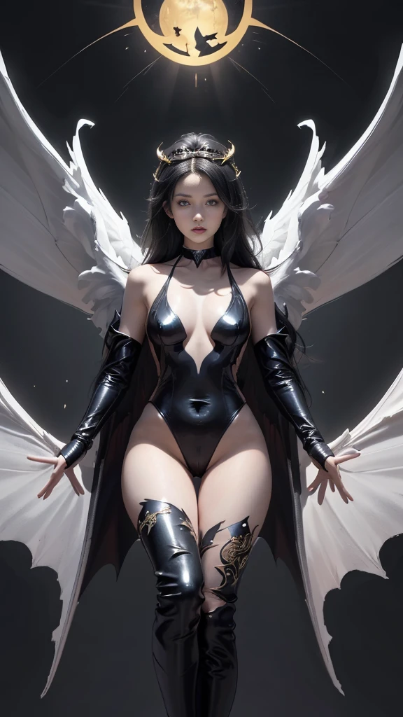 (Realistic picture, highest resolution, 16ก), (A demon god with wide wings and enormous power on his shoulders..., Twelve wings on the shoulders., black bat wings:1.3 white angel wings:1.5), 6 angel wings, 6 devil wings, (Beautiful girl with two meter long hair, shiny black hairงาม, Smooth white skin, Lips are very red.), ((stand, already)), (big breasts, หัวBig tits), (gigantic breast, breast augmentation, Breast 400 cc., small waist, hips raised, small thighs, Long legs), (dynamic poses), (black and white leotard, There are beautiful patterns., Decorated with gold embroidery., Show off your chest), Separate theme, (Angel wings and devil wings), floating in the air above the groundดิน, background darkness, Embraced with twelve wings, wearing a large king crown, crown shining bright, wears little armor, There is power coming out of the body., sparkling wings, white light black light, amazing wings, The character is on the right side of the picture., Large wings, Slightly tilted to the side, beautiful gesture, Angel wings and devil wings, (Realistic picture, highest resolution, 16K), (A demon god with wide wings and enormous power on his shoulders.., Twelve wings on the shoulders., black bat wings:1.3 white angel wings:1.5), Have wings 100 Have wings 1000, Angel wings and bat wings, wings inserted between wings, 12 wings, 6 angel wings, 6 bat wings, (Beautiful girl with two meter long hair, shiny black hair, Smooth white skin, Lips are very red.), very long hair, ((stand, toe)), (big breastsโต, หัวBig tits), (gigantic breast, small waist, hips raised, small thighs, Long legs), (dynamic poses), (Porn, no clothes, Look at that pussy.., see nipples, bareเปล่า, undressed, bareเปล่าโดยสิ้นเชิง, Can see pussy, The chest is visible.), Separate theme, (Angel Wings and Demon Lord Wings), floating in the air above the ground, background darkness, Embraced with twelve wings, wearing a large crown, large black crown, The most busty breasts, Big tits, Porn, bare, exposed body, There is nothing to hide the body., Willing to not wear clothes, No jewelry