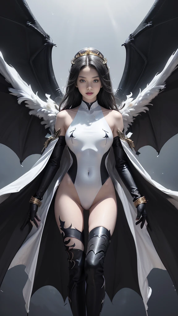 (Realistic picture, highest resolution, 16ก), (A demon god with wide wings and enormous power on his shoulders..., Twelve wings on the shoulders., black bat wings:1.3 white angel wings:1.5), 6 angel wings, 6 devil wings, (Beautiful girl with two meter long hair, shiny black hairงาม, Smooth white skin, Lips are very red.), ((stand, already)), (big breasts, หัวBig tits), (gigantic breast, breast augmentation, Breast 400 cc., small waist, hips raised, small thighs, Long legs), (dynamic poses), (black and white leotard, There are beautiful patterns., Decorated with gold embroidery., Show off your chest), Separate theme, (Angel wings and devil wings), floating in the air above the groundดิน, background darkness, Embraced with twelve wings, wearing a large king crown, crown shining bright, wears little armor, There is power coming out of the body., sparkling wings, white light black light, amazing wings, The character is on the right side of the picture., Large wings, Slightly tilted to the side, beautiful gesture, Angel wings and devil wings, (Realistic picture, highest resolution, 16K), (A demon god with wide wings and enormous power on his shoulders.., Twelve wings on the shoulders., black bat wings:1.3 white angel wings:1.5), Have wings 100 Have wings 1000, Angel wings and bat wings, wings inserted between wings, 12 wings, 6 angel wings, 6 bat wings, (Beautiful girl with two meter long hair, shiny black hair, Smooth white skin, Lips are very red.), very long hair, ((stand, toe)), (big breastsโต, หัวBig tits), (gigantic breast, small waist, hips raised, small thighs, Long legs), (dynamic poses), (Porn, no clothes, Look at that pussy.., see nipples, bareเปล่า, undressed, bareเปล่าโดยสิ้นเชิง, Can see pussy, The chest is visible.), Separate theme, (Angel Wings and Demon Lord Wings), floating in the air above the ground, background darkness, Embraced with twelve wings, wearing a large crown, large black crown, The most busty breasts, Big tits, Porn, bare, exposed body, There is nothing to hide the body., Willing to not wear clothes, No jewelry