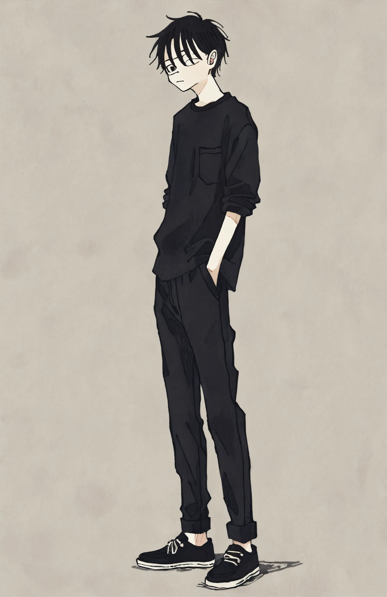 by tsvbvra, 1 boy, solo, shirt, standing,naked eye,black clothes,black shoes,by tsvbvra, 1 boy, solo, shirt, standing,simple background, long pants