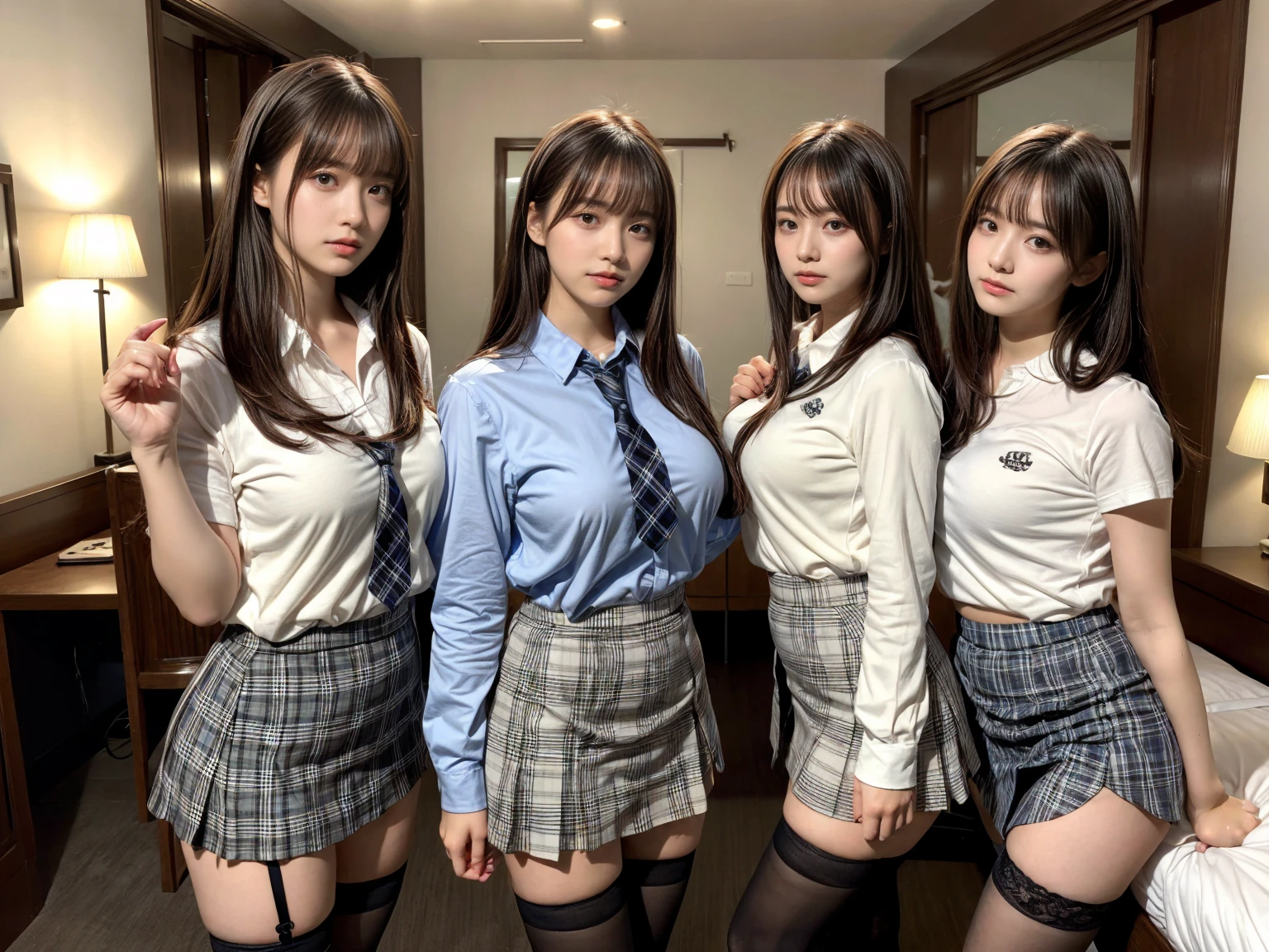 masterpiece, best quality, illustration, Super detailed, fine details, High resolution, 8K,wall paper, perfect dynamic composition,(Details High quality, realistic depiction of eyes:1.3), (3 girls), (white school shirt :1.2), (plaid skirt :1.3), tie black, black thigh-high stockings, sitting, open legs, short bob hair, in a hotel room in the background, deep on field, large breasts, black hair color, Big Natural Color Lip, (perfect body shape), crying a little、Harajuku style、20 year old girl、cute type、beautiful legs, Gravure Idol