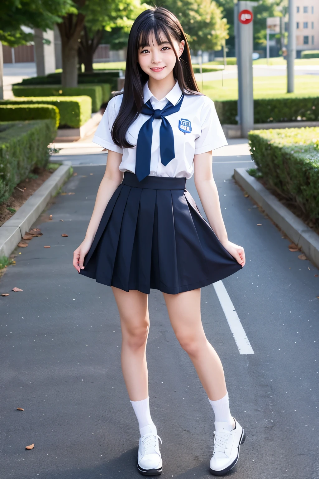 A high school girl standing in an empty schoolyard、Cute face like an idol、Long black hair、Uniform summer uniform、miling、Full body portrait