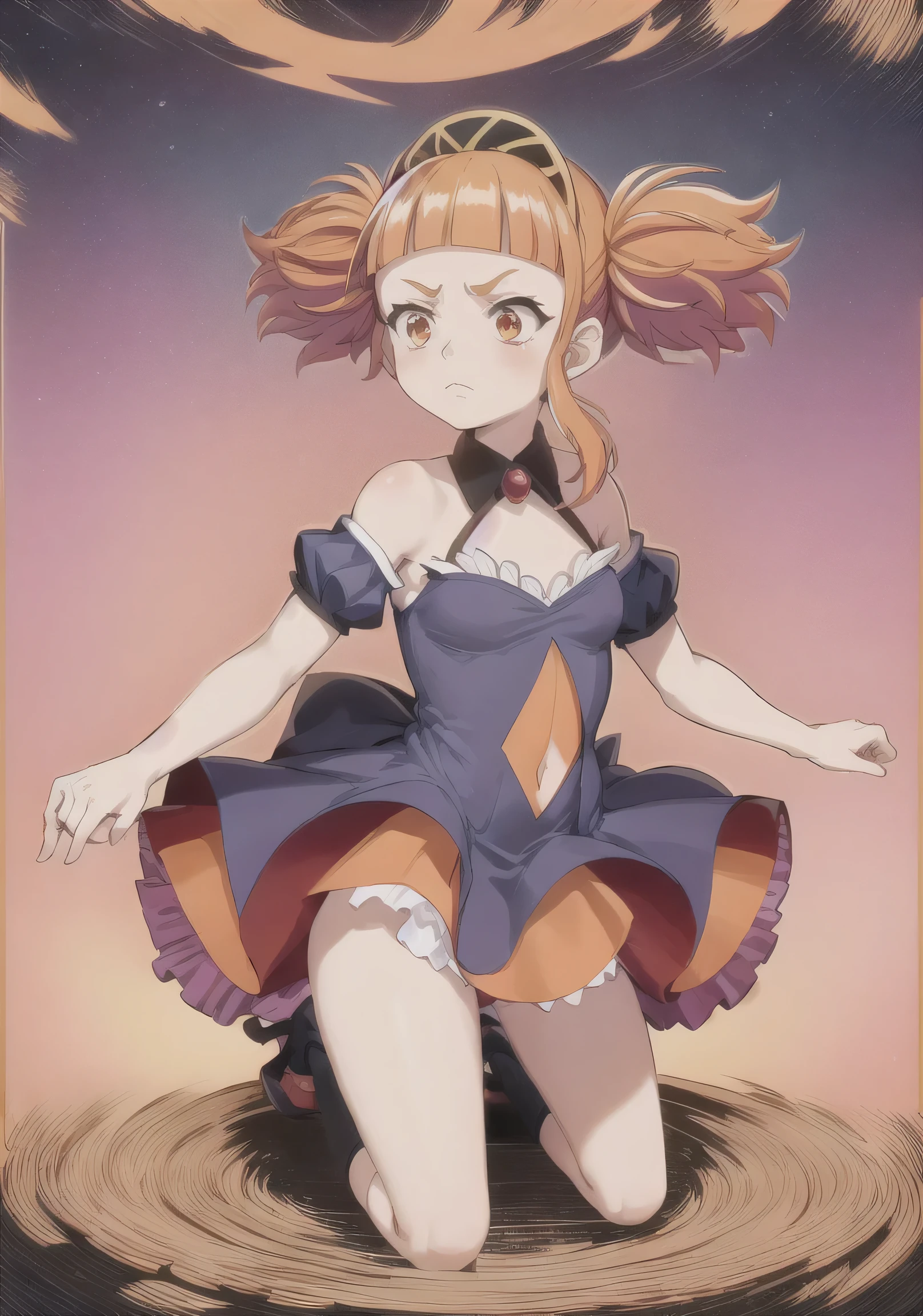 hlokk, 1girl, solo, dress, navel, bare shoulders, twintails, closed mouth, standing, full body,detached sleeves, puffy sleeves, blunt bangs, orange hair, high heels, clothing cutout, floating hair, blue dress, frown,