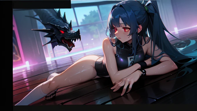 ((Highest quality)), ((masterpiece)), ((detailed)),((Browsing Caution)) (Black dragon&#39;s veiny penis){{nsfw}}A dragon who loves to have sex with girls　Couple loves beach squats {sex}

(Transparent　Swimwear) 　(See-through black knee-high socks)
Blue Hair,Red Eye,Long Hair　Black sandals
 (Hot and glowing skin) The heat and the damp sweat