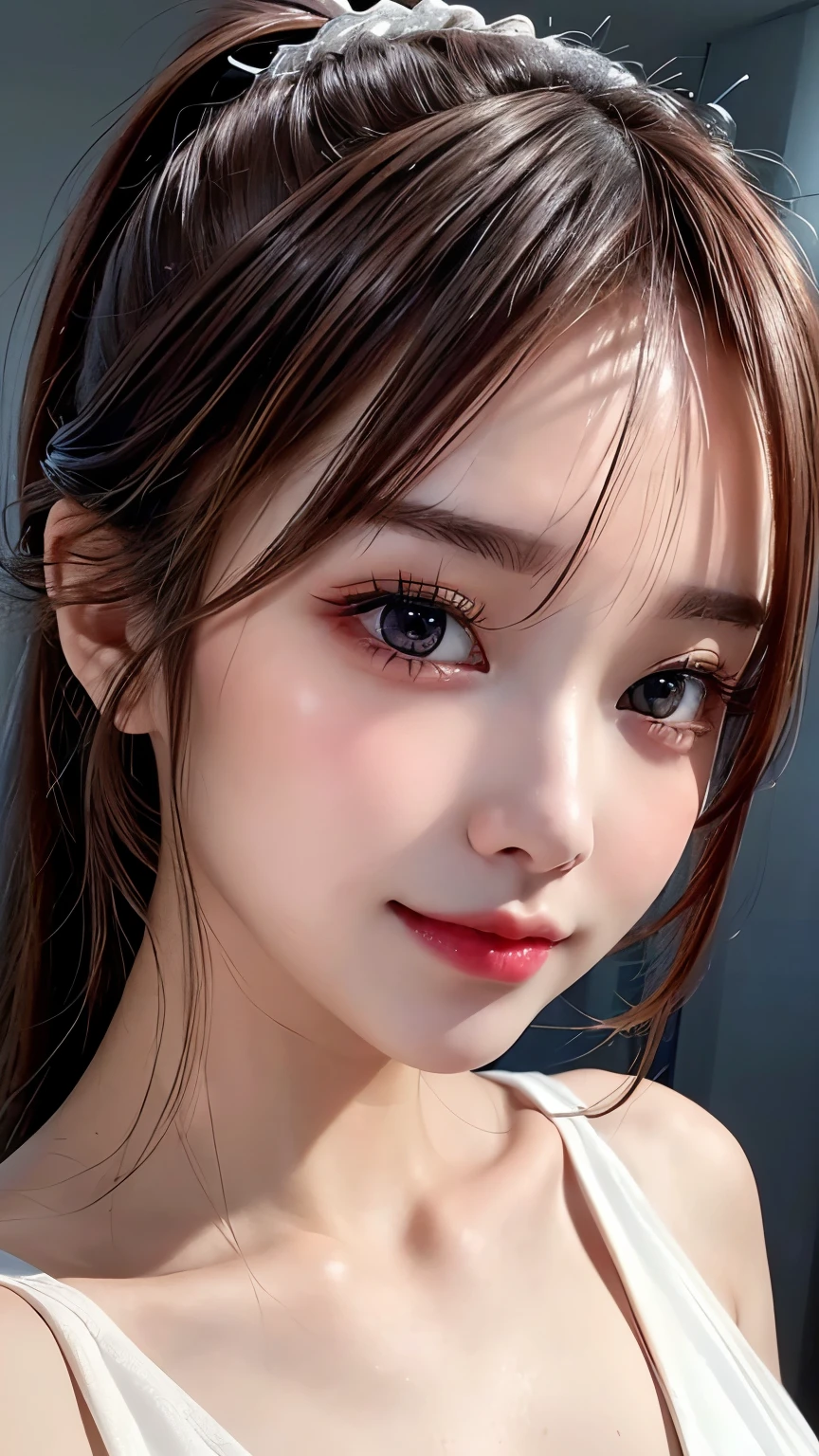 Commercials for luxury cosmetics style,Commercial filming studio,Pink Dresses,The background is all gray,Ultra-detailed, finely detail, hight resolution, 8K Wallpaper, Perfect dynamic composition, Beautiful detailed eyes,,Close-up of face,,Blushing,Facing forward,Long hair ponytail,((8k, Raw photo, Best Quality, Mastepiece:1.2), (Realism, Photorealistic:1.4), (Highly detailed 8K wallpapers), Depth of written boundary, Cinematic Lighting, Soft Light, Detailed Beauty Eye,Shiny and smooth light brown ponytail, Asymmetrical bangs, Shiny skin, Ultra-detailed skins ,It is high resolution., High detail, Detailed hairstyle, Detailed facial beauty, Hyper-realistic, Perfect limbs, Perfect Anatomy ,1 Japanese girl,Famous Japanese Idols, Perfect female body,A shy smile,Short eyelashes,Double-edged eyelids,Look straight here,Hair style: ponytail,