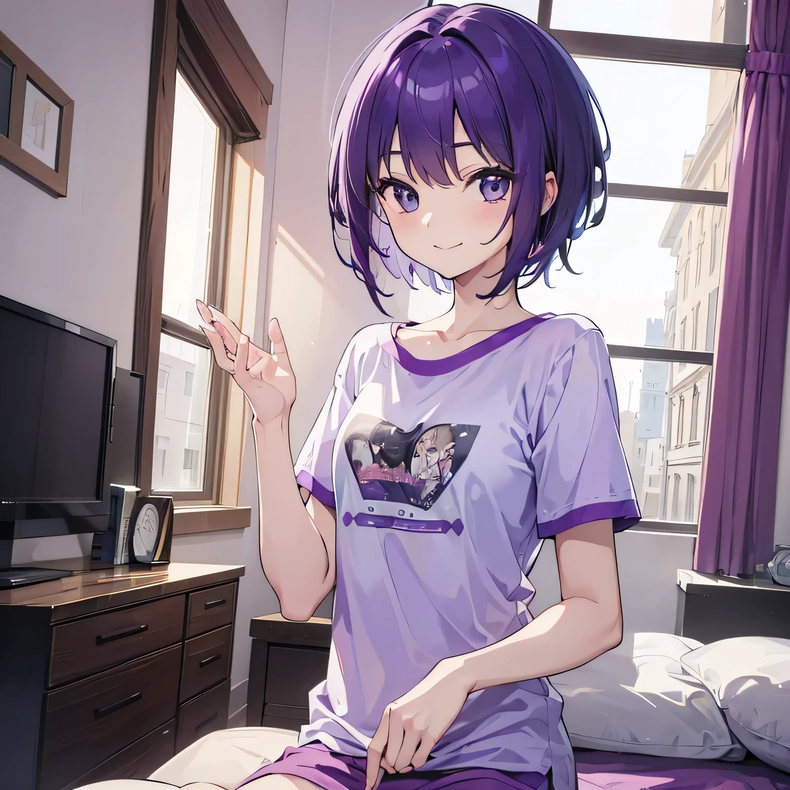 (T Masterpiece,4K wallpaper,Best Quality))、((girl1people))、(solo)、Bright and Brilliant,(Purple Hair)、(short hair:1.3)、smile、Bedroom、T-Shirtorning