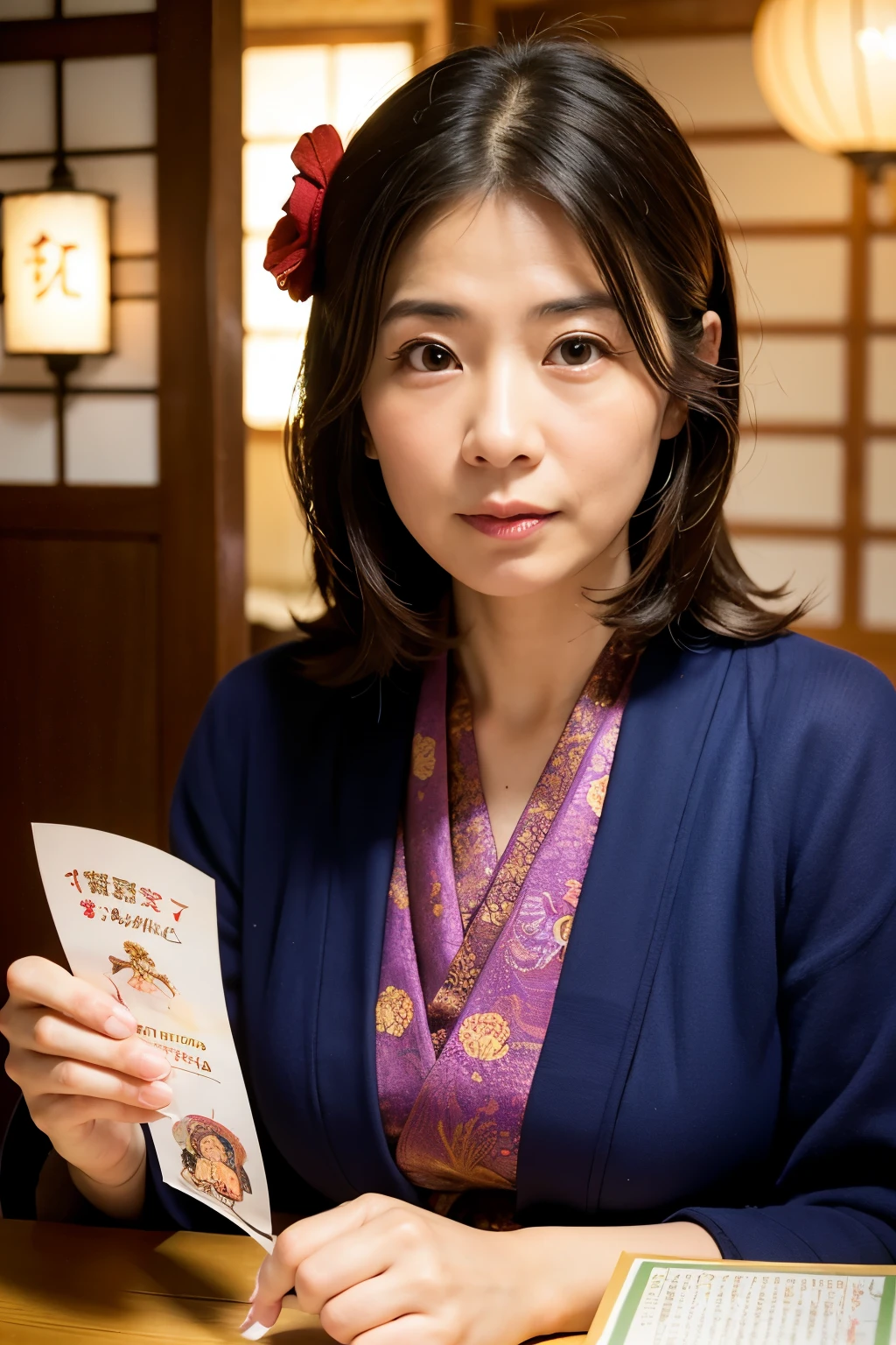 ((Highest quality)), ((masterpiece)), (detailed), Fortune telling, suspicious, Japanese, front, Aunt