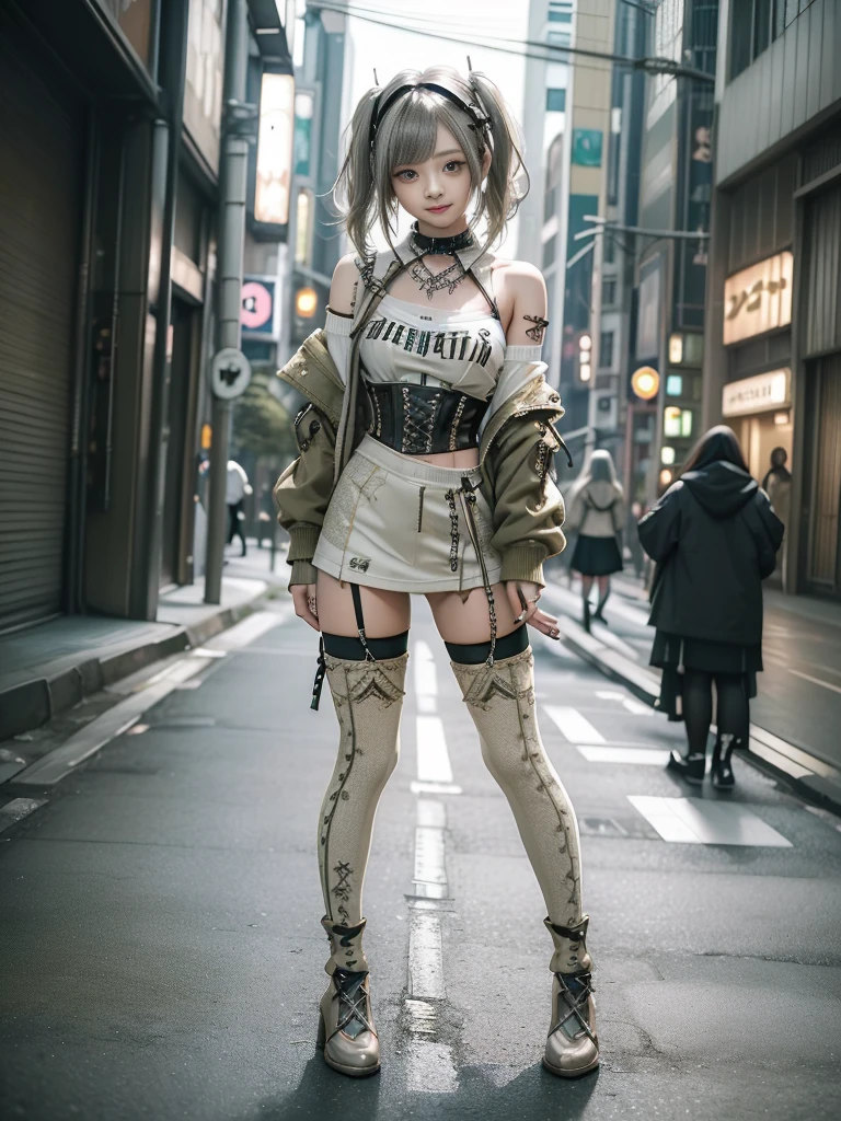 (4 girls, 4 girls:1.5)、(Full Body View:1.2)、(Smiling with teeth showing:1.3),(Shibuya Gal:1.5)、(Beautiful gravure model:1.5)、(Neo-goth fashion:1.5)、(Punk RockVisual Kei:1.5)、(An off-the-shoulder hoodie in olive and beige colors, adorned with delicate silver accessories.:1.5)、(Beige and white corset with delicate design:1.4)、(Olive and white snakeskin bodysuit:1.5)、(head band:1.3)、(Beige and olive knee socks:1.4)、Embellished collar and long boots、(I'm selling snake print underwear.:1.4)、(Long eyelashes:1.3)、(20-year-old)、((Highest quality、8k、masterpiece:1.3))、Slim and beautiful abs:1.3、(hairstyle casual、Beautiful boobs:1.1)、(Doing an aerobics pose:1.3)、dress:1.1、Super small face、Narrow eyes、double eyelid、A sloppy smile、Esbian all over body、Dynamic Angle、Close-up、CPL Filter、Blurred Background、Bokeh、Blue Hour、Detailed face and skin texture、Detailed eyes、,(Twin tails:1.3)、(Black brown hair:1.3)、Gravure idol、(The background is a bright and glamorous fashion show stage.:1.3)、(Make your legs thinner:1.4)、(Slim Body:1.3)、(clavicle:1.1)