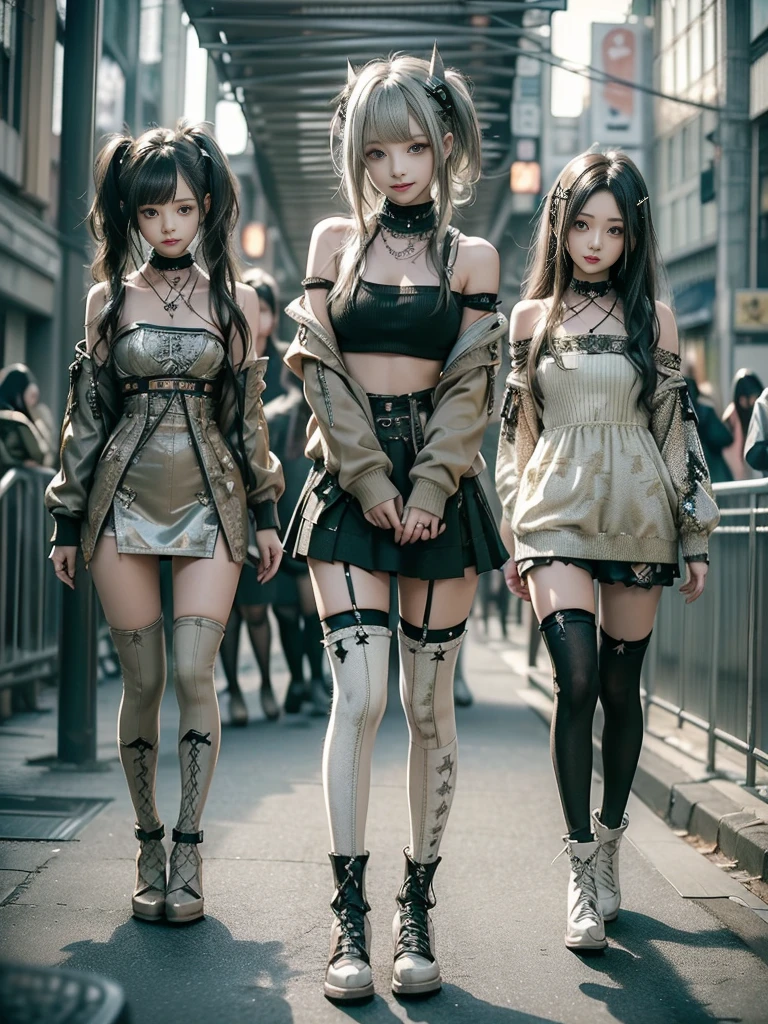 (4 girls, 4 girls:1.5)、(Full Body View:1.2)、(Smiling with teeth showing:1.3),(Shibuya Gal:1.5)、(Beautiful gravure model:1.5)、(Neo-goth fashion:1.5)、(Punk RockVisual Kei:1.5)、(An off-the-shoulder hoodie in olive and beige colors, adorned with delicate silver accessories.:1.5)、(Beige and white corset with delicate design:1.4)、(Olive and white snakeskin bodysuit:1.5)、(head band:1.3)、(Beige and olive knee socks:1.4)、Embellished collar and long boots、(I'm selling snake print underwear.:1.4)、(Long eyelashes:1.3)、(20-year-old)、((Highest quality、8k、masterpiece:1.3))、Slim and beautiful abs:1.3、(hairstyle casual、Beautiful boobs:1.1)、(Doing an aerobics pose:1.3)、dress:1.1、Super small face、Narrow eyes、double eyelid、A sloppy smile、Esbian all over body、Dynamic Angle、Close-up、CPL Filter、Blurred Background、Bokeh、Blue Hour、Detailed face and skin texture、Detailed eyes、,(Twin tails:1.3)、(Black brown hair:1.3)、Gravure idol、(The background is a bright and glamorous fashion show stage.:1.3)、(Make your legs thinner:1.4)、(Slim Body:1.3)、(clavicle:1.1)