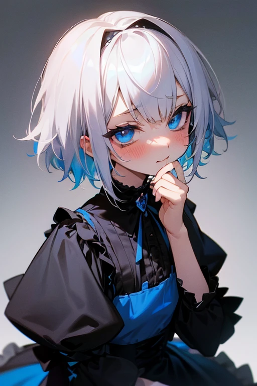 Short white hair, blush, Gothic Lolita、Punk Fashion、Headbang 2.、Blue and black clothes、