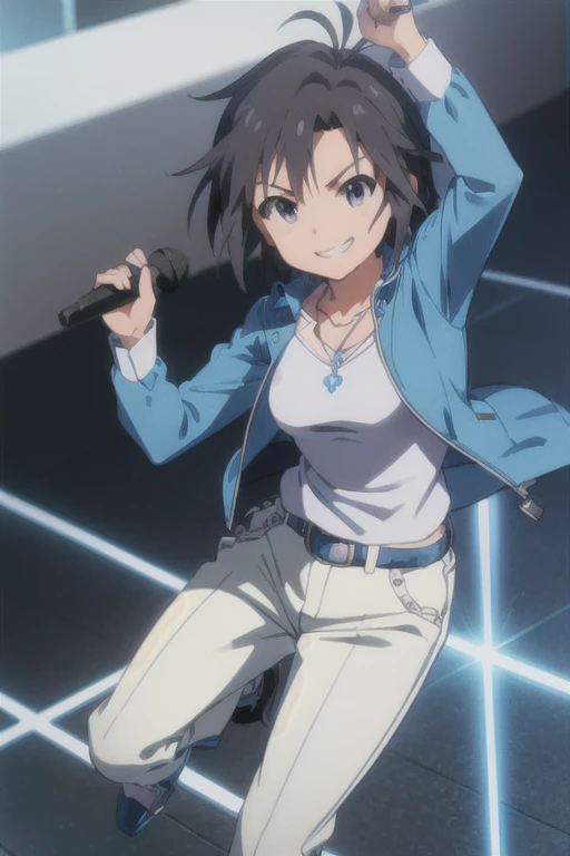 (((pixel-perfect, detail-perfect))), solo, 1girl, makoto kikuchi, breasts, smile, necklace, jacket blue, long sleeves, shirt white, cyan pants, belts, shoes, live stage, grin, mic