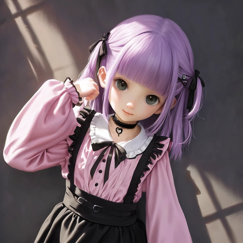  (Cute a girl:1.5), (a girl with pale purple hair, blunt bangs hair, green and black eyes, closs hair pin,
pink shirt,cosplay, jirai kei, bangs, black skirt, black bow, looking at viewer, long sleeves, choker, ribbon:1.4), anime visual, (tilt head:1.3), realistic lighting and shading, (an extremely delicate and beautiful art:1.3),flat chest, smiling,