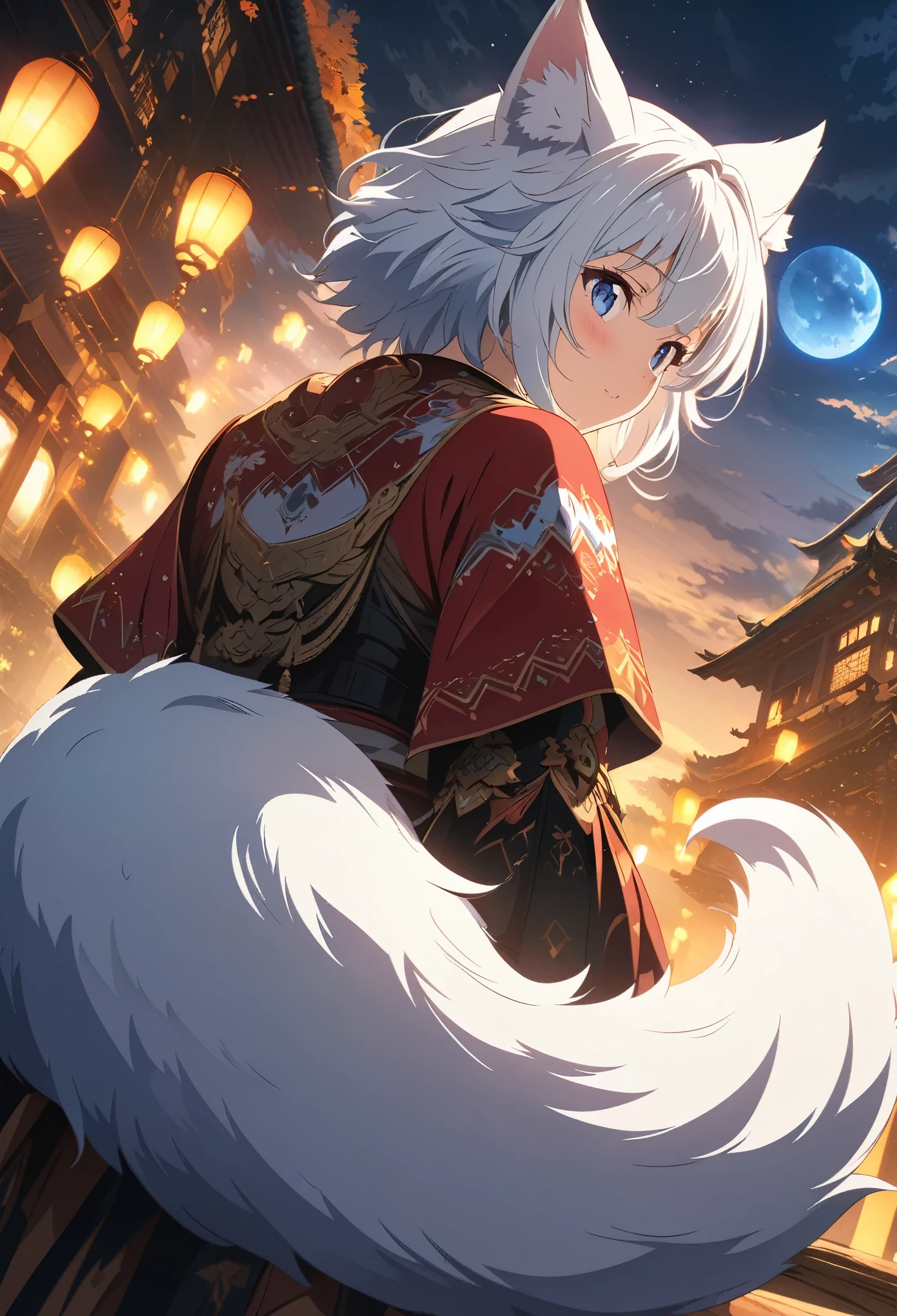 (masterpiece:1.2), (Highest quality:1.2), Ultra-high resolution, Very detailed, Perfect lighting, Wolf Girl, White Hair, National costume, Otherworldly fantasy, Fluffy tail,cute, Dynamic Angle, From the back, Low - Angle,Digital anime art,Anime style illustrations,Anime illustration