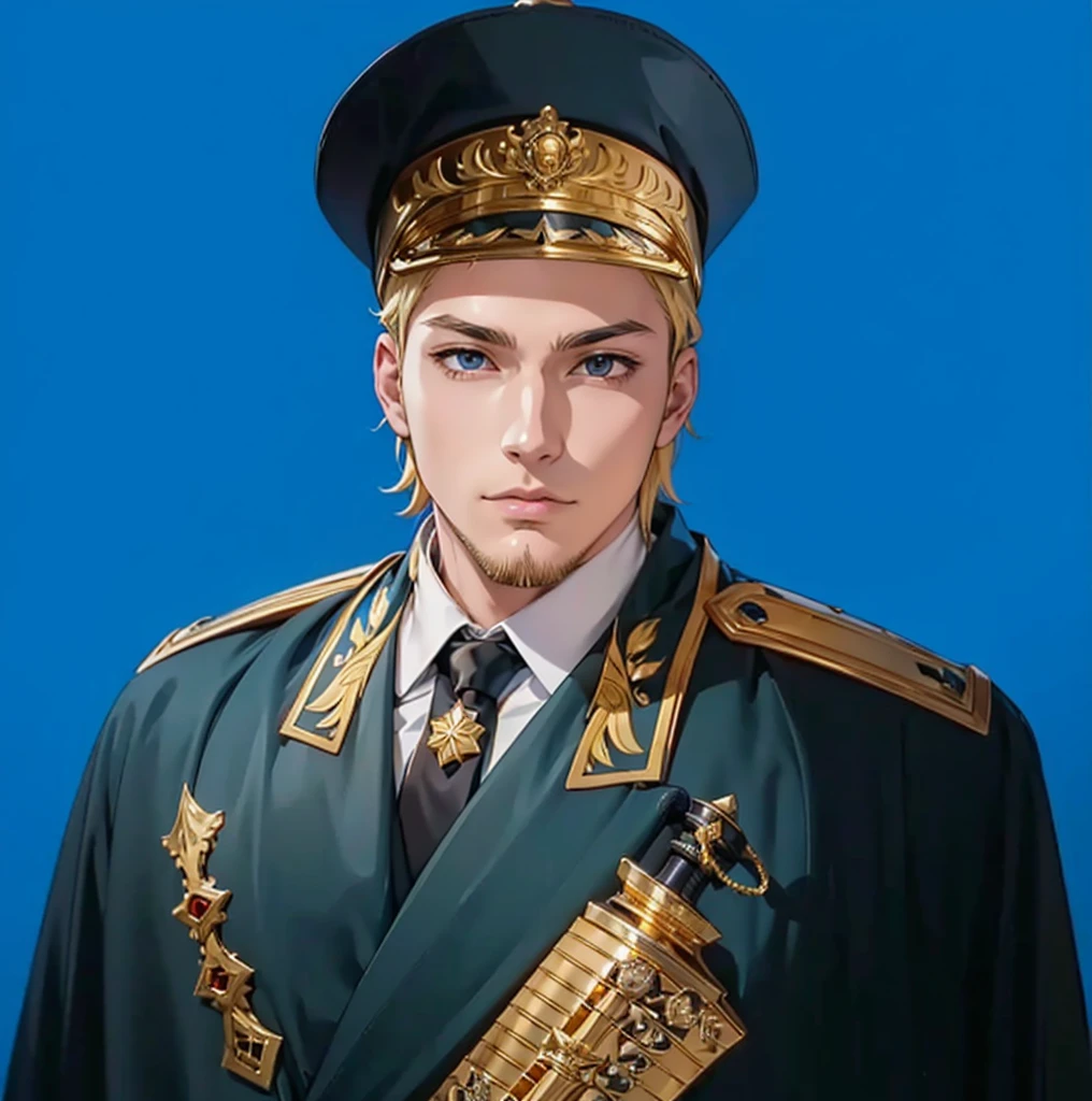 (exceptional, best aesthetic, new, newest, best quality, anime, husbando:1.2), master piece, best quality, absurdres, highres, good anatomy, pretty face, ultra detailed, (1boy:1.3), colored, 1 boy, male, no changing the background, beard, full head gold crown hat, robe, gown, cape, holding a sword,