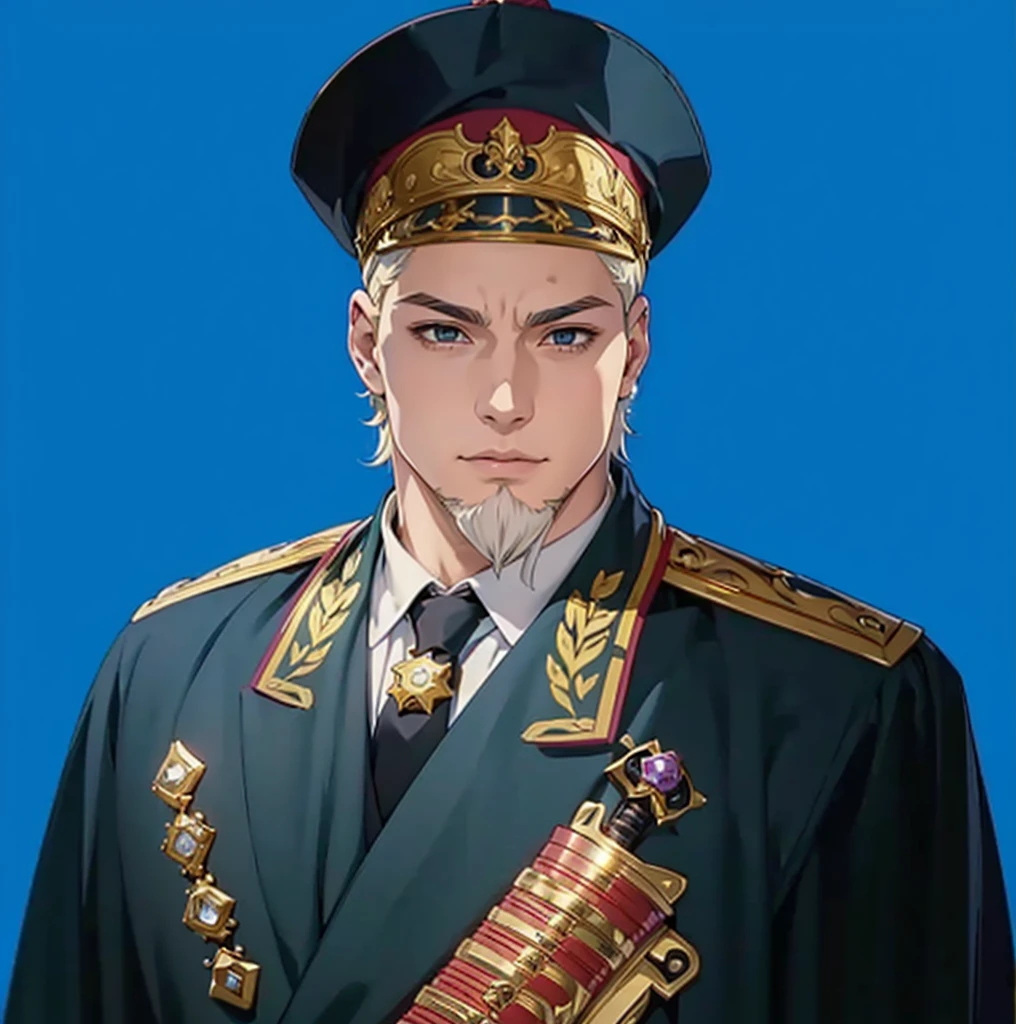 (exceptional, best aesthetic, new, newest, best quality, anime, husbando:1.2), master piece, best quality, absurdres, highres, good anatomy, pretty face, ultra detailed, (1boy:1.3), colored, 1 boy, male, no changing the background, beard, full head gold crown hat, robe, gown, cape, holding a sword,