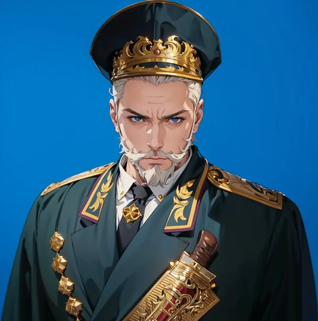 (exceptional, best aesthetic, new, newest, best quality, anime, husbando:1.2), master piece, best quality, absurdres, highres, good anatomy, pretty face, ultra detailed, (1boy:1.3), colored, 1 boy, male, no changing the background, beard, full head gold crown hat, robe, gown, cape, holding a sword,